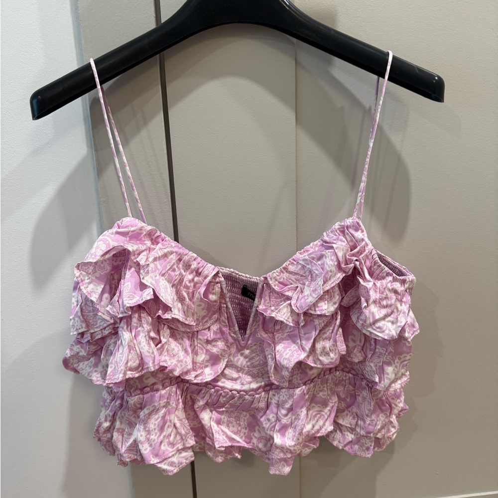 Maje Pink Ruffled Spaghetti Strap Top